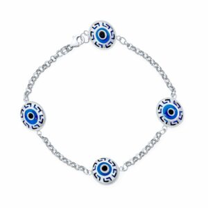 Turkish Evil Eye Chain Link Bracelet Greek Motif Sterling Silver 7.5 Inch